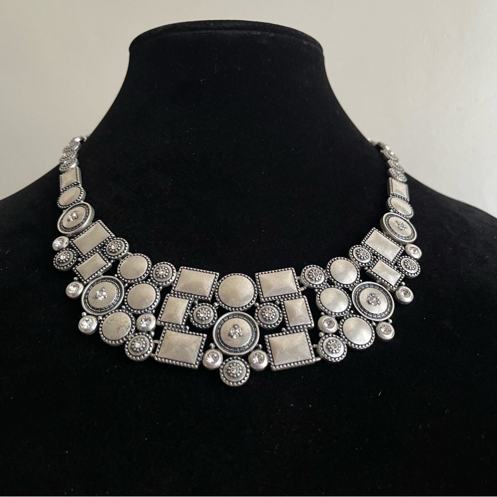 Vintage Chico's Bib Statement Silver-Tone Geometric Necklace w/ Crystal Accents